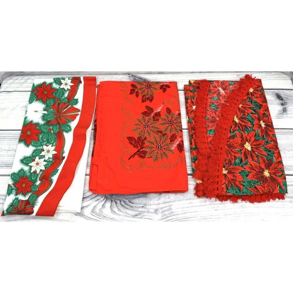 LOT OF 3 VINTAGE CHRISTMAS POINSETTIA TABLECLOTHS